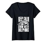 Mujer Mantener la calma y nadar con delfines lindo delfín Camiseta Cuello V