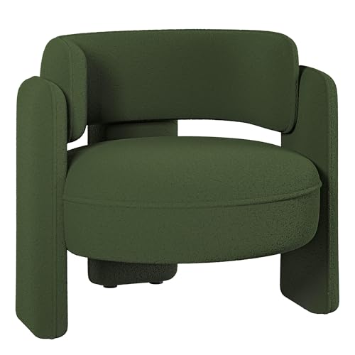 Image of BELLEZE Modern Sherpa Accent Chair, Sherpa Boucle Chair Barrel Accent Chair Comfy Round Upholstered Armchair Side Corner Chair for Living Room, Bedrooms, Office, Reading Nook - Quinton (Green)