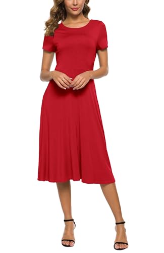 Image of EXCHIC Women's Casual Round Neck Short Sleeve Midi Dress Solid Stretchy Waist Knee Long Dress