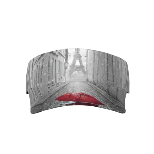 yagDAA Eiffel Tower Paris Street Red Umbrella Print Adjustable Sun Visor Hat for Women Men Sunscreen Visor Cap for Tennis Golf Running Sports