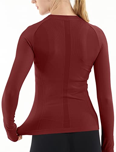 Foto von MathCat Langärmeliges Damen-Oberteil für Laufen, Yoga, mit Daumenlöchern, Workout, Fitnessstudio, Shirts für Damen, Nahtlose Basisschicht, Thermo-Tops für Sport, Fitness, burgunderfarben, M