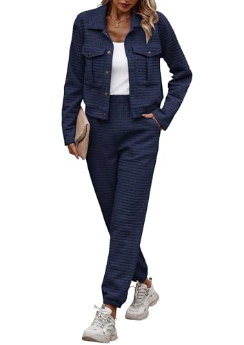 Image of PRETTYGARDEN Womens Two Piece Sets Fall 2026 Long Sleeve Button Down Shacket Jacket Long Sweatpants Tracksuit Winter Clothes