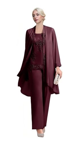 3 Pieces Mother of The Bride Pant Suits Dresses for Women Chiffon Pant Set Wedding Guest Outfits with Jacket