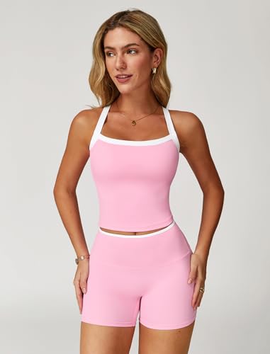 Image of ABOCIW 2 Pieces Workout Sets for Women, Cross Back Tank Top Matching High Waist Biker Shorts, Gym Yoga Pilates Outfits