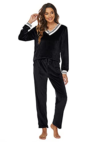 Ietaoo Chándales Mujer,Conjunto de Pijamas Terciopelo Chándales 2 Piezas Invierno Cálido Cuello en V Chandal Completo Mujer Ropa de Dormir Negro S