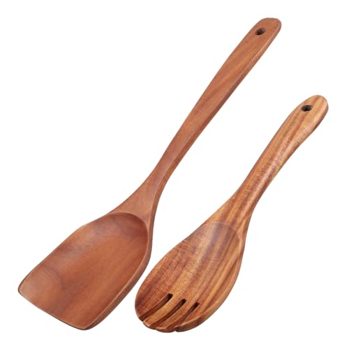 Alipis 2-piece Long Handle Salad Spatula Fork Set Wooden Salad Serving Utensils for Kitchen Mix Serve