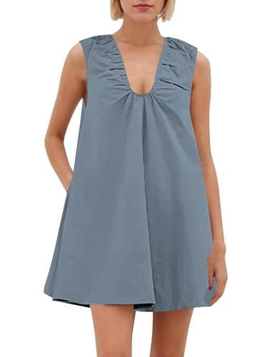 Image of OLAPTA Women Summer Sleeveless Babydoll Mini Tank Dresses Loose Fit Scoop Neck Ruched Short Dress with Pockets Party Clubwear