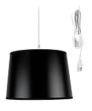 HomeConcept 1 Light Swag Plug-in Pendant 12" w Shallow Drum Black Shade, 17' White Cord