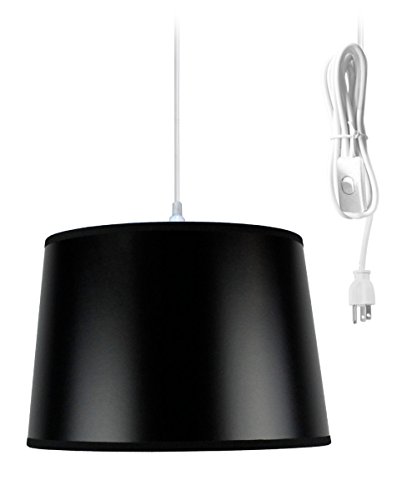 Homeconcept 1 Light Swag Plug-In Pendant 12" W Shallow Drum Black Shade, 17' White Cord #TOP15