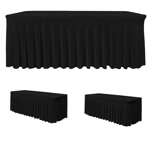 HolidayIdeas Black Spandex Table Skirts for Rectangle Tables 6ft, Fitted Stretch Table Cover 30x72 Inch, Wrinkle-Free Ruffle Design Tablecloths for Banquets,Trade Shows, Parties, Events, 2 Pack