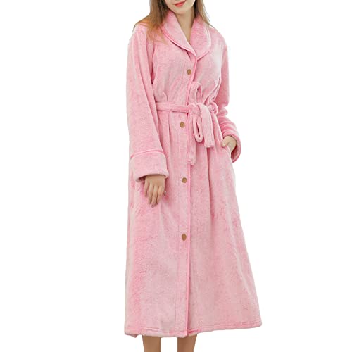 Lu's Chic Women's Plush Long Robe Ladies Soft Fluffy Long Sleeve Bathrobe Button Up Housecoat Winter Thick Warm Tea Length Fuzzy Fleece Spa Bath Maternity Duster Robe Pockets Pink Large #TOP27
