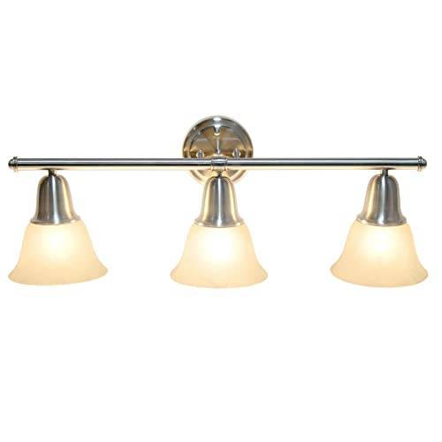 Image of Simple Designs VT1027-BSN 26.5 inch Classic 3 Light Straight Metal Bar & Frosted Marble White Bell Shape Glass Shades Decorative Wall Mounted Vanity Fixture Bathroom, Entryway, Hallway, Brushed Nickel