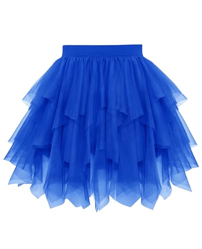 Lovasy Damen Tüllrock Kurzer Puffrock mit Gummibund 3-lagiger Fließender Rock mit Innenfutter Tutu-Rock für Party Festivals und Veranstaltungen Blau L-XL