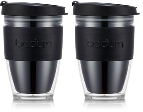 BODUM 11889-01S JOYCUP Travel Mug, Double Wall, 0.3 l, Black Band, Plastic (Pack of 2)
