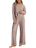 ANRABESS Women 2 Piece Lounge Pajamas Sets Casual Ribbed Knit Long Sleeve Top Pants Matching Set 2025 Fall Outfits Clothes Khaki Large