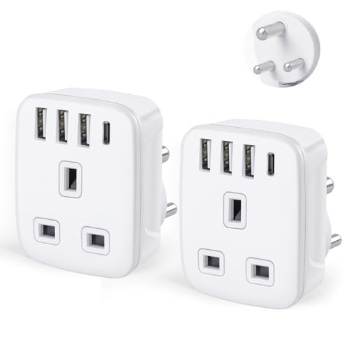 2-PACK UK to India Plug Adapter,SHUOMAO Grounded UK to 3 Pin India Travel Adapter with 3 USB+1 USB C 17W Fast Charger,Converter Plug Adaptor for Indian,Sri Lanka,Pakistan,Burma,Maldives,Yemen(Type D)