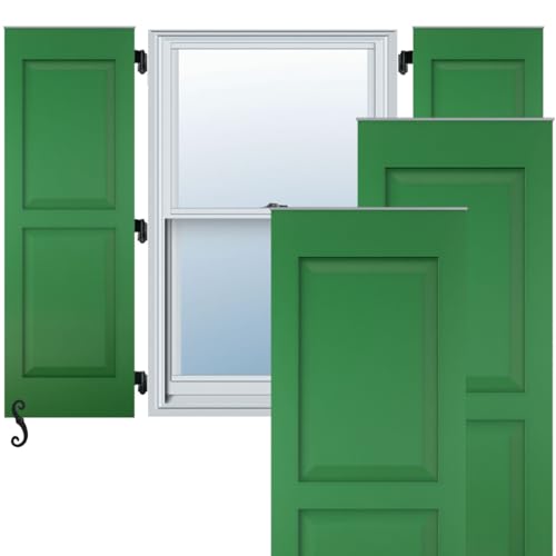 12"W x 50"H Americraft Two Equal Raised Panel Exterior Real Wood Shutters (Per Pair), Viridian Green