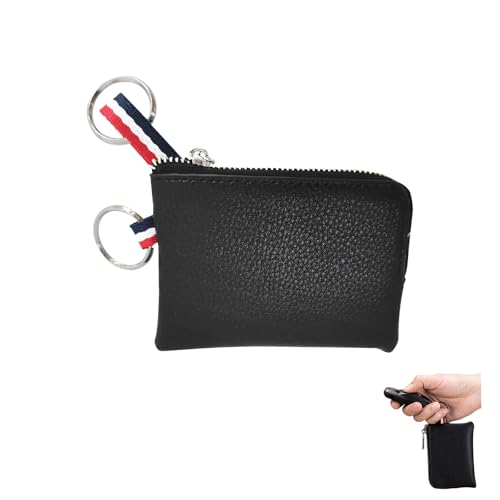 Coin Pouch for Men Women Leather Mini Wallet Keychain Change Pouch Small Zipper Wallet Card Holder with Dual Keyrings Compact Leather Purse for Keys Coins and Essentials (Black)