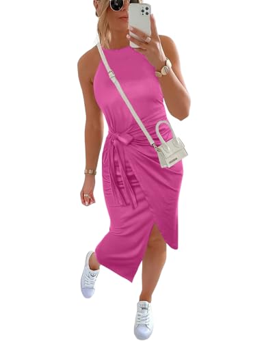 Image of NOLLSOM Women Casual Sleeveless Striped Tank Midi Dresses Halter Neck Ruched Bodycon Dresses Tie Waist T Shirt Summer Dress