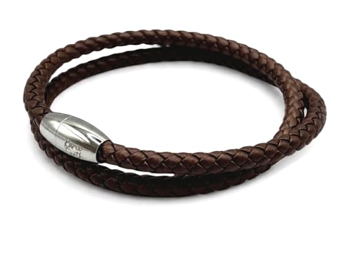 KAROO EARTH JEWELLERY Mens Leather Wrap Bracelet With Strong Stainless Steel Magnetic Clasp - Genuine Leather | 5mm Braided Double Wrap Men's Premium Bracelet (Dark Brown Leather, 19cm (Small Wrist))