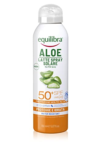 equilibra Solari, Aloe Latte Spray Solare Spf 50+, Latte Solare, con Aloe Vera, Olio di Cocco, di Argan e Vitamina E, Per Pelli Delicate, Protegge da Eritemi e Photoaging, Water Resistant, 150 ml