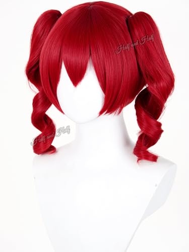 Image of Half and Half Short Curly Deep Red Anime Ponytail Wig with Bangs for Women Dark Red Twin Tails Virtual Singer Lolita Wigs Game Clown Wig for Halloween Party Costumes Daily