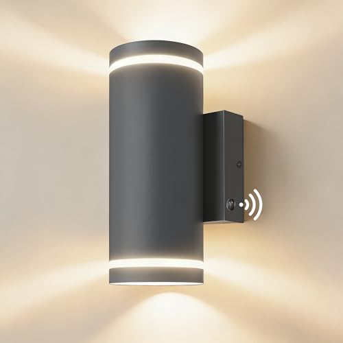 JNR Außenlampe mit Dämmerungssensor Edelstahl IP65 Wasserdichte LED Aussenleuchte mit Lichtsensor Außen inkl. 2x 5W GU10 3000K Warmweiß Glühbirne, Anthrazit Grau