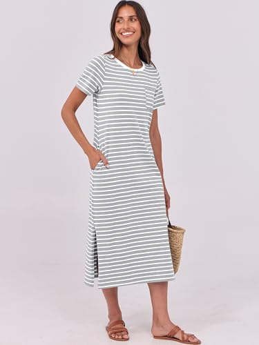 Image of ANRABESS Womens Midi Dress,Summer Long Tshirts Dresses,Short Sleeve Split Stripe,Comfy Travel Beach Vacation Casual Wear