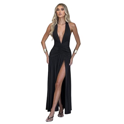 Image of ANKOMINA Women's Sexy V Neck Halter Backless Maxi Dress Ruched High Split Long Bodycon Dresses for Party Cocktail Evening