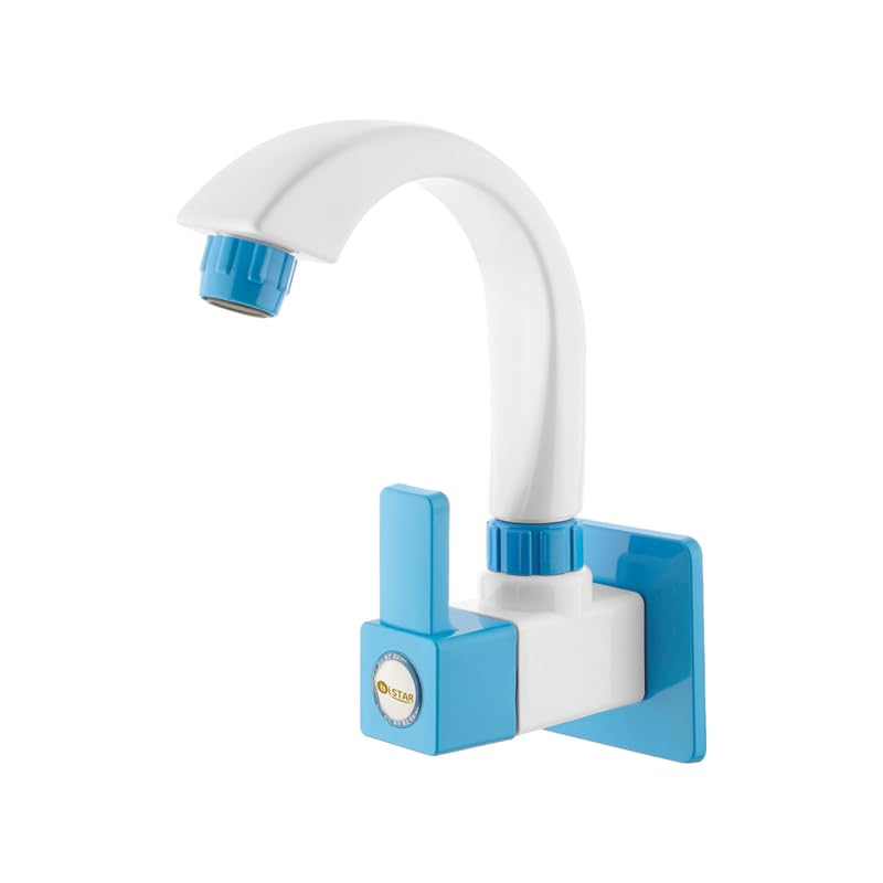 iSTAR PTMT Single Lever Swan Neck Tap with Wall Flange | Durable Wall-Mounted Sink Tap with 360° Swivel Spout | Water-Saving Nozzle for Kitchen, Wash Basin, Bathroom, Office and Home (Blue and White)-image-19