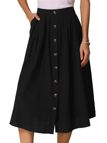 Allegra K Cotton Midi Skirt for Women's Summer Casual Button Decor Elastic Waist A-Line Skirts with Pocket Black L