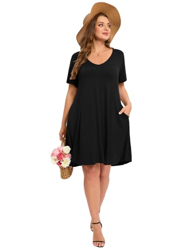 Image of ZENNILO Women's Plus Size Swing Dress with Pockets Casual Summer Dresses V Neck Short Sleeve T Shirt Dress for Women