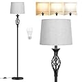 Ambimall Floor Lamps for Living Room - 3 Color Temperature Modern Standing Lamp, Farmhouse Black Floor Lamp with Gray Shade, Vintage Tall Light for Bedroom Office Corner(9W Bulb Included)