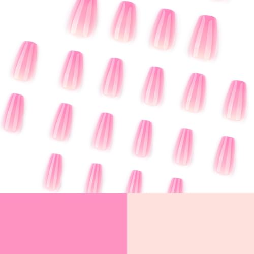 Image of Short Press on Nails Pink Ombre Fake Nails Short Coffin Glue on Nails Glossy False Nail French Tip Stick on Nail Nature Reusable Artificial Acrylic Full Cover Nail for Women Manicure 24Pcs