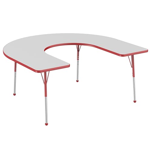 Image of FDP Horseshoe Activity School and Office Table (60 x 66 inch), Standard Legs with Ball Glides for Collaborative Seating Environments, Adjustable Height 19-30 inches - Gray Top and Red Edge