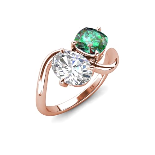 2.53 ctw IGI Certified Oval Shape Lab Grown Diamond (8.5 x 6 mm) and Cushion Shape Created Alexandrite (6 mm) Women Toi Et Moi Wave Engagement Ring in 14K Gold