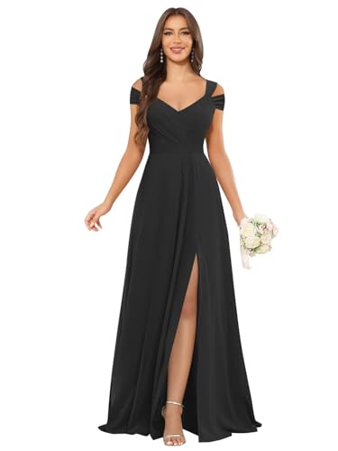Image of petyoo Off Shoulder Chiffon Bridesmaid Dresses with Slit Long Formal Evening Dress