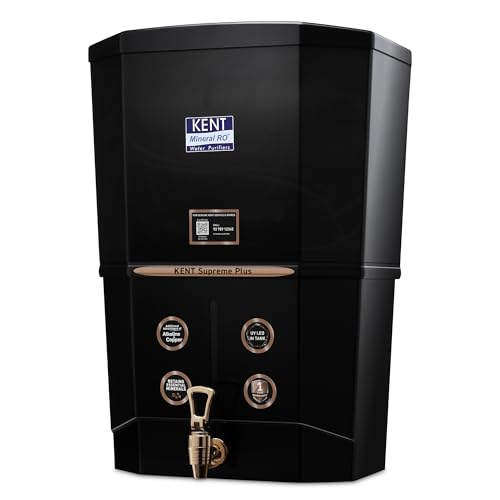 KENT Supreme Plus Alkaline+Copper RO WaterPurifier | RO+UV+UF+Alk +Cu+TDSControl+UV LED Tank|Advanced ROTech for SabseShudh Paani |Auto Flush| 8L|20LPH | Ideal for Borewell/Tanker/MunicipalWater|Black