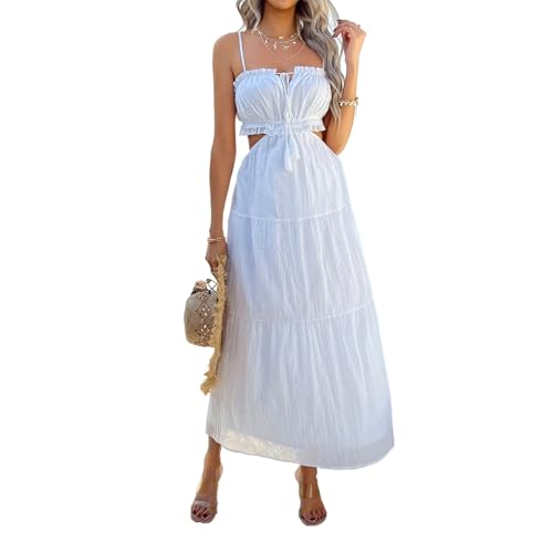 Image of Sumleno Women's 2026 Summer Bohemian Maxi Dresses Spaghetti Strap Cutout Tie Back Tiered Flowy Dress Vacation Beach Outfits