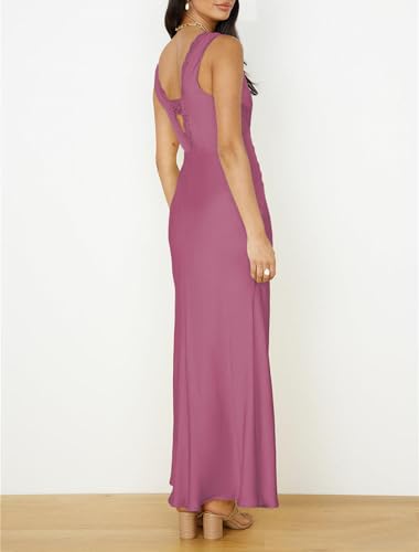 Image of BAGONE Summer Satin Lace V Neck Backless Formal Wedding Guest Maxi Dresses
