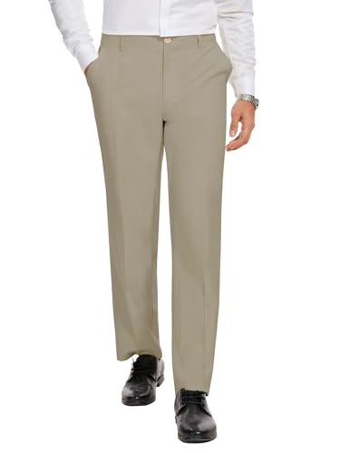 Tapata Mens Linen Dress Pants Straight Leg Drawstring Elastic Waist Regular Fit Trousers for Work Business Khaki, 36W x 32L