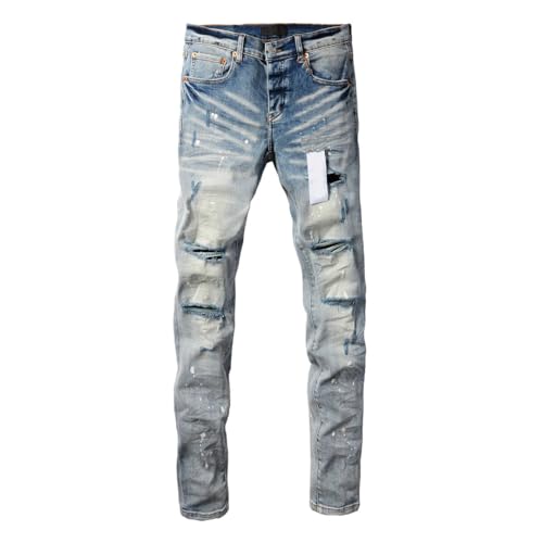 Men's Jeans High Street Ripped Distressed Repair Low Rise Skinny Denim Trousers Pants