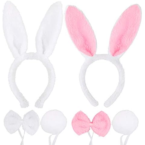 FLOFIA Bunny Rabbit Costume - 2 Sets Rabbit Ears Headband and Tail Bow Tie for Adult Cosplay Halloween Christmas Party Cover