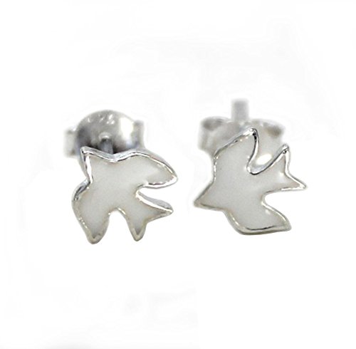Sterling Silver Enameled Swallow Bird Stud Post Earrings, White