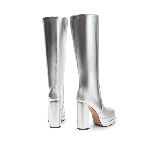 DREAM PAIRS Women's Platform Heeled Knee High Boots, Long Chunky Tall Gogo Boots for Fall,Size 8,Metallic Silver,SDKB2306W