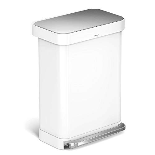 Image of simplehuman 55 Liter Rectangular Kitchen Step Soft-Close Lid, White Stainless Steel Trash can