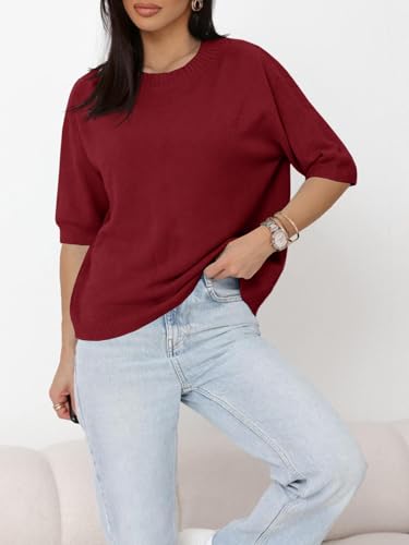Saodimallsu Womens Short Sleeve Sweater Crew Neck Pullover Summer Lightweight Loose 2025 Knit Tops Dressy Casual Blouse3