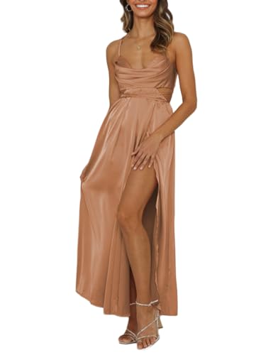 Women's Satin Cowl Neck Backless Maxi Dress Sexy Tie Back Spaghetti Strap Ruched Wedding Guest Slit Long Dresses