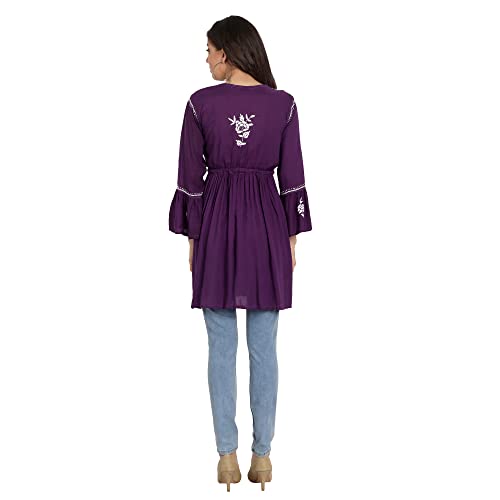 Image of indiankala4u Lucknow Chikankari Hand Embroidered Fit and Flared Top, Short Kurti for Women, Modal Cotton