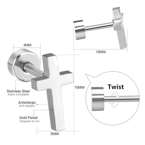 18G Cross Screw Flat Back Small Stud Earrings for Women Men Girls Minimalist Surgical Steel Cartilage Tragus Piercing Sleeper Little Studs Hypoallergenic Birthday Gift2